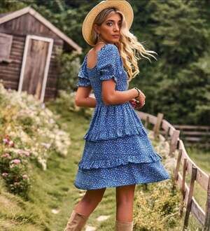 Floral Smocked Tiered Mini Dress Royal Blue Size Small